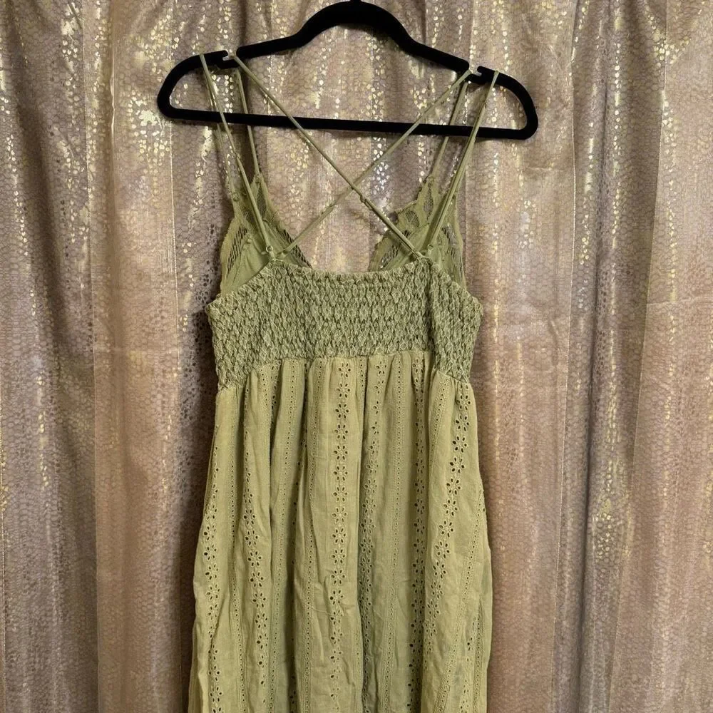 Mahina Hawaii Olive Green Crochet Top Boho Eyelet Maxi Dress Medium - Picture 8 of 9